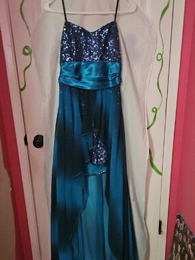 Teal Sequin Satin Overlay Prom Dress
